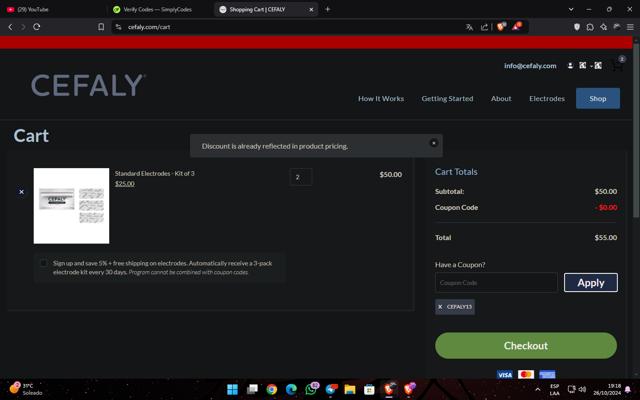 Cefaly checkout page showing Cefaly coupon code box | Screenshot taken by SimplyCodes community member on Oct 26, 2024