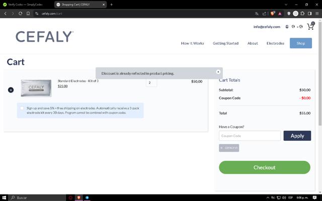 Cefaly checkout page showing Cefaly coupon code box | Screenshot taken by SimplyCodes community member on Jun 18, 2024