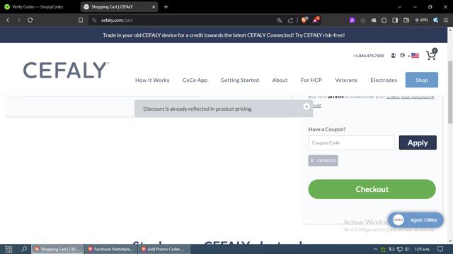 Cefaly checkout page showing Cefaly coupon code box | Screenshot taken by SimplyCodes community member on May 8, 2024