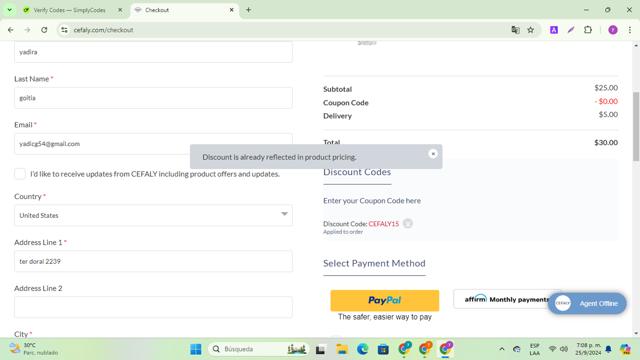 Cefaly checkout page showing Cefaly coupon code box | Screenshot taken by SimplyCodes community member on Sep 25, 2024