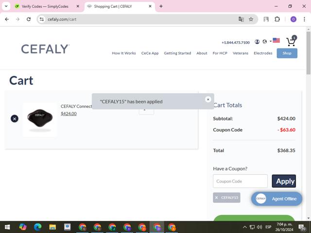 Cefaly checkout page showing Cefaly coupon code box | Screenshot taken by SimplyCodes community member on Oct 26, 2024