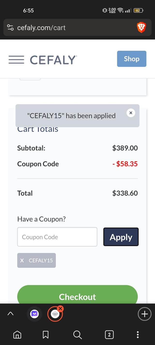 Cefaly checkout page showing Cefaly coupon code box | Screenshot taken by SimplyCodes community member on Nov 17, 2023