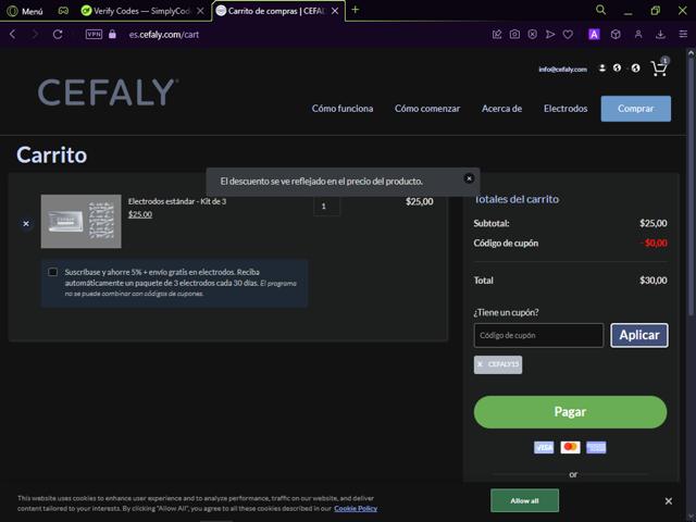 Cefaly checkout page showing Cefaly coupon code box | Screenshot taken by SimplyCodes community member on Aug 15, 2024