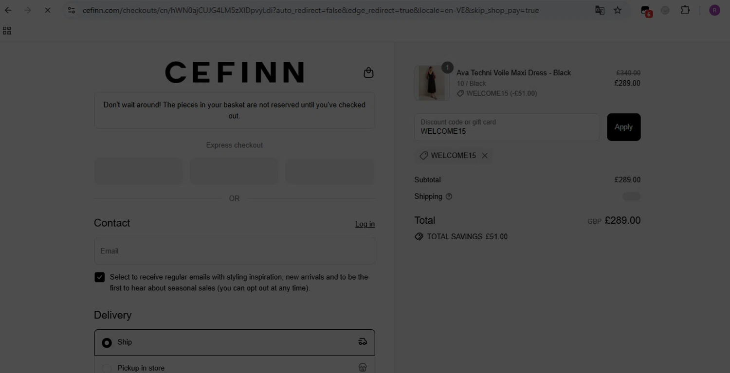Cefinn discount code screenshot showing code WELCOME15 applied at Cefinn checkout page. Uploaded by SimplyCodes community member GloriousMaven6295 on Jul 13, 2025