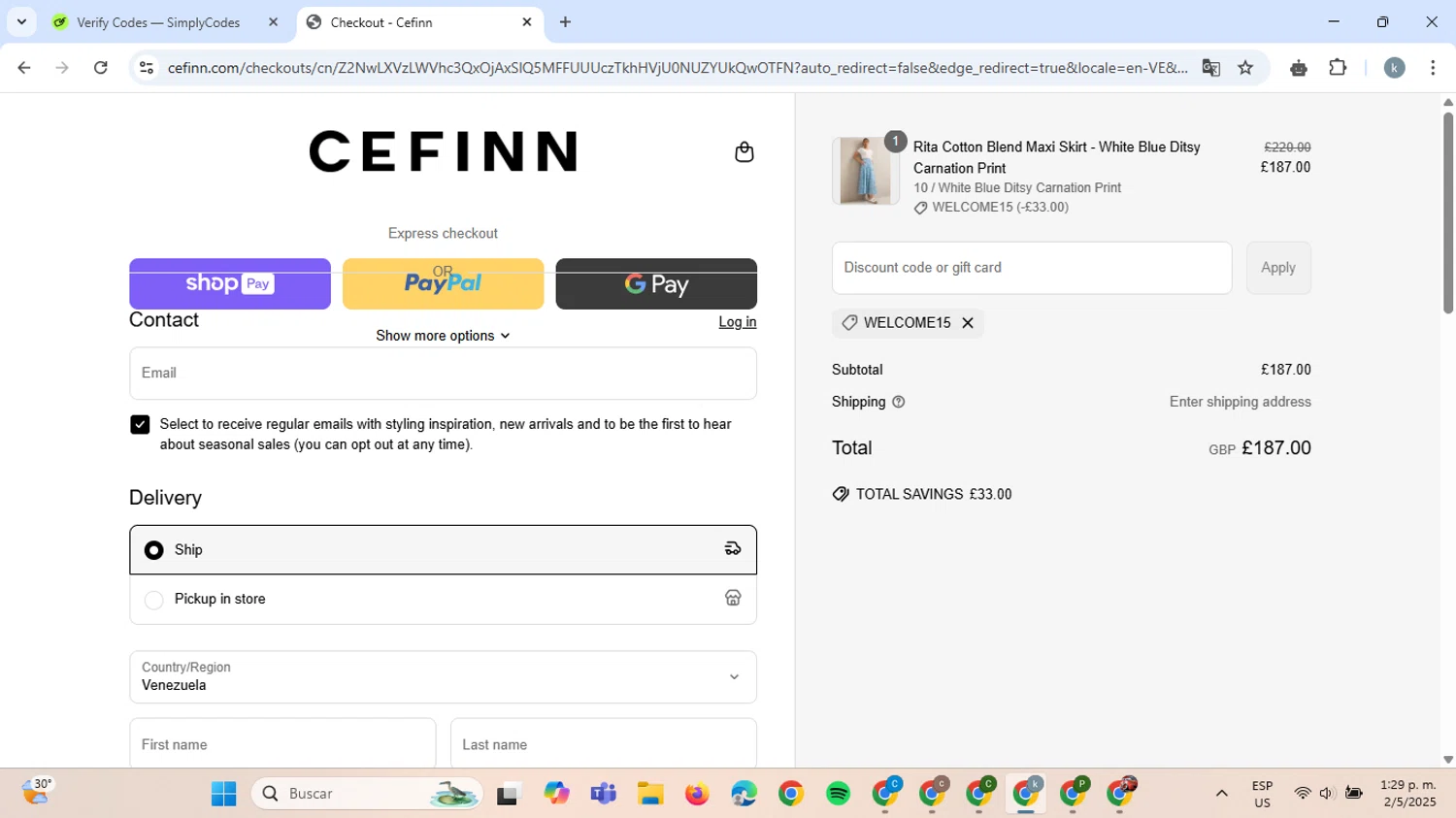 Cefinn discount code screenshot showing code WELCOME15 applied at Cefinn checkout page. Uploaded by SimplyCodes community member ValiantCaptain6560 on May 2, 2025
