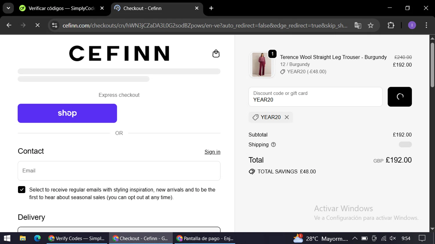 Cefinn discount code screenshot showing code YEAR20 applied at Cefinn checkout page. Uploaded by SimplyCodes community member AGP44456545 on Oct 4, 2025