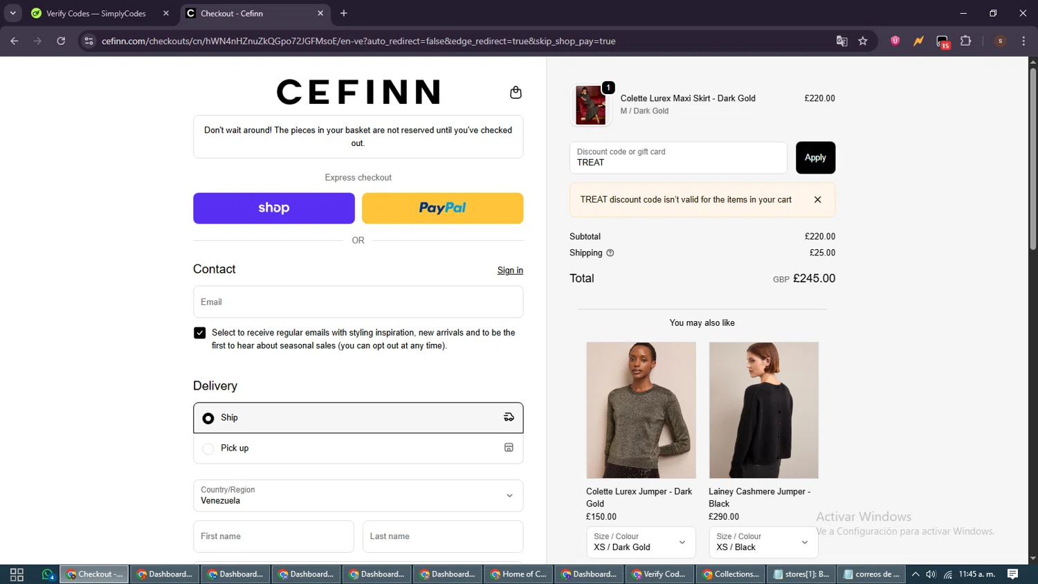 Cefinn discount code screenshot showing code TREAT applied at Cefinn checkout page. Uploaded by SimplyCodes community member GoldSentinel1426 on Nov 1, 2025
