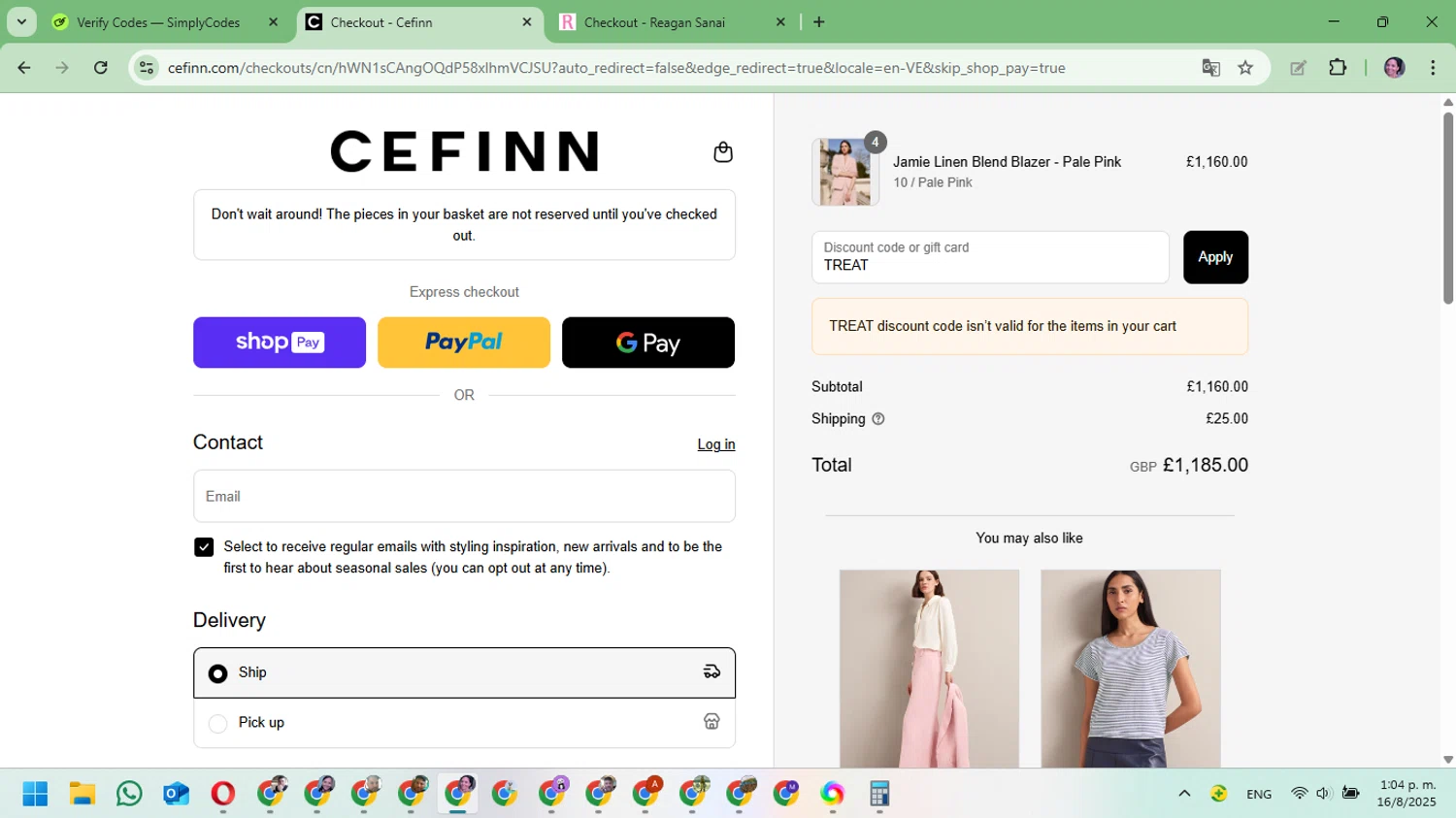 Cefinn discount code screenshot showing code TREAT applied at Cefinn checkout page. Uploaded by SimplyCodes community member Mari_perez on Aug 16, 2025