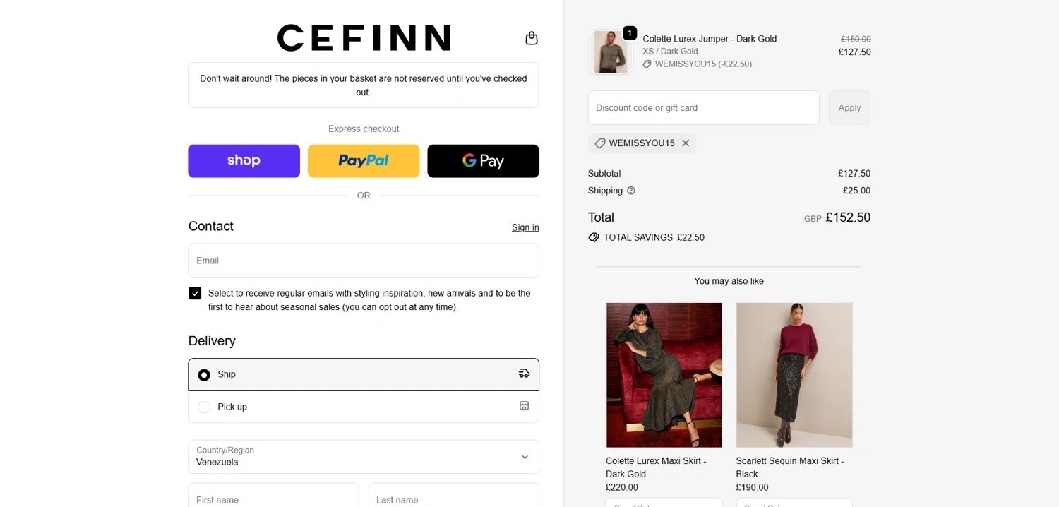 Cefinn discount code screenshot showing code WEMISSYOU15 applied at Cefinn checkout page. Uploaded by SimplyCodes community member Dorothy on Oct 29, 2025