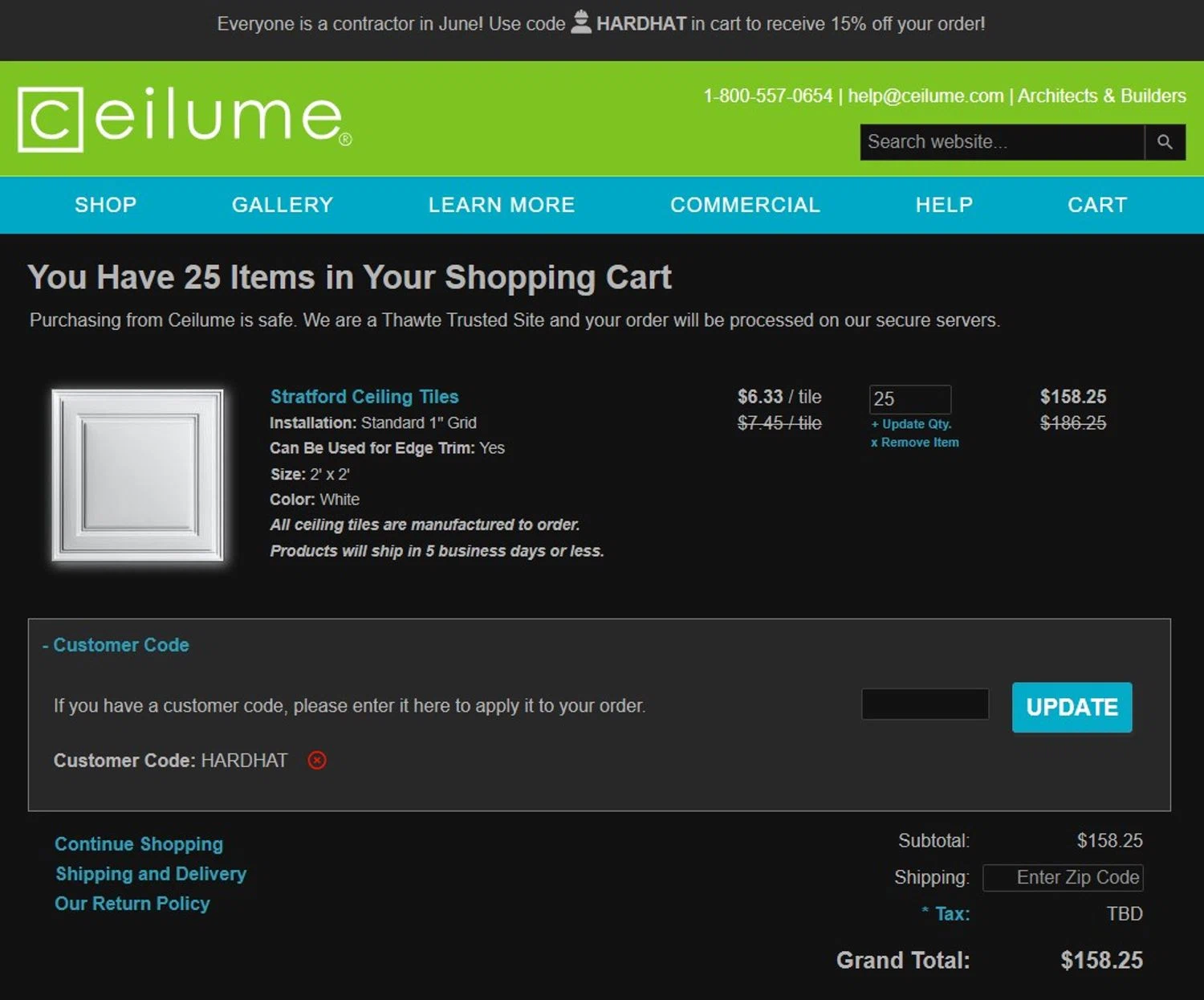 Ceilume promo code screenshot showing code HARDHAT applied at Ceilume checkout page. Uploaded by SimplyCodes community member josemiguelaponte on Jun 4, 2026