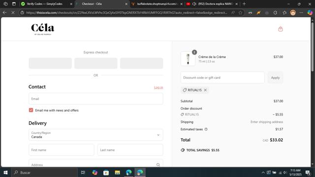 Céla checkout page showing Céla discount code box | Screenshot taken by SimplyCodes community member on May 13, 2025