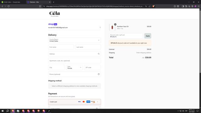 Céla checkout page showing Céla discount code box | Screenshot taken by SimplyCodes community member on Jul 10, 2025