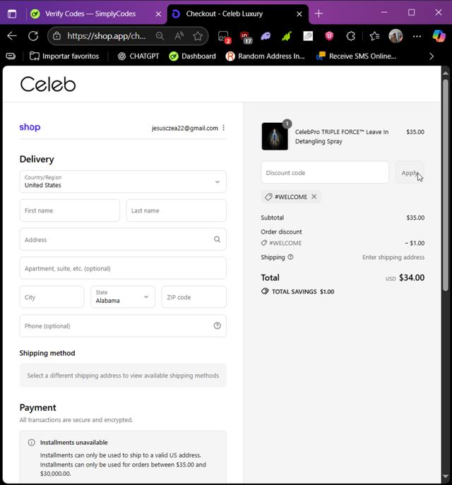 Celeb Luxury checkout page showing Celeb Luxury promo code box | Screenshot taken by SimplyCodes community member on Sep 11, 2025
