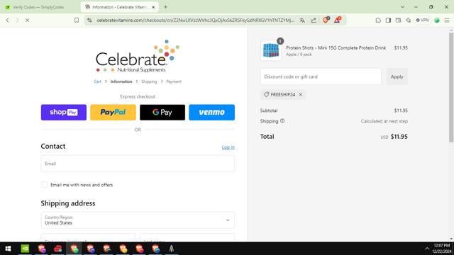 Celebrate Vitamins checkout page showing Celebrate Vitamins coupon code box | Screenshot taken by SimplyCodes community member on Dec 22, 2024