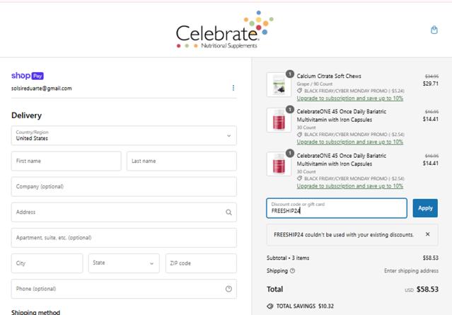 Celebrate Vitamins checkout page showing Celebrate Vitamins coupon code box | Screenshot taken by SimplyCodes community member on Nov 29, 2024