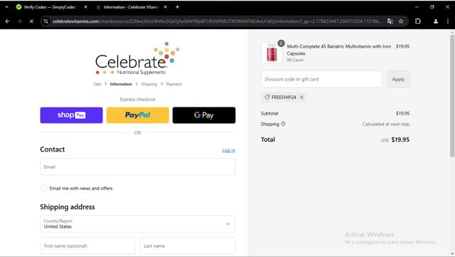 Celebrate Vitamins checkout page showing Celebrate Vitamins coupon code box | Screenshot taken by SimplyCodes community member on Nov 17, 2024