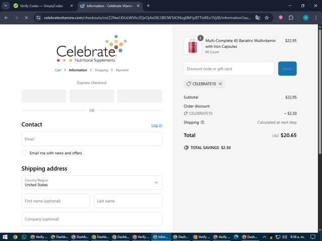 Celebrate Vitamins checkout page showing Celebrate Vitamins coupon code box | Screenshot taken by SimplyCodes community member on Jun 25, 2025