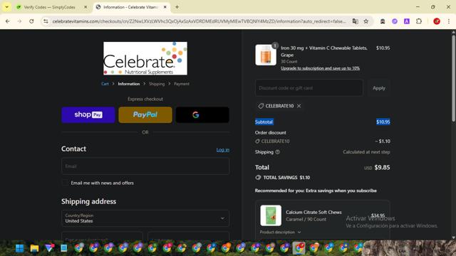 Celebrate Vitamins checkout page showing Celebrate Vitamins coupon code box | Screenshot taken by SimplyCodes community member on Jul 13, 2025