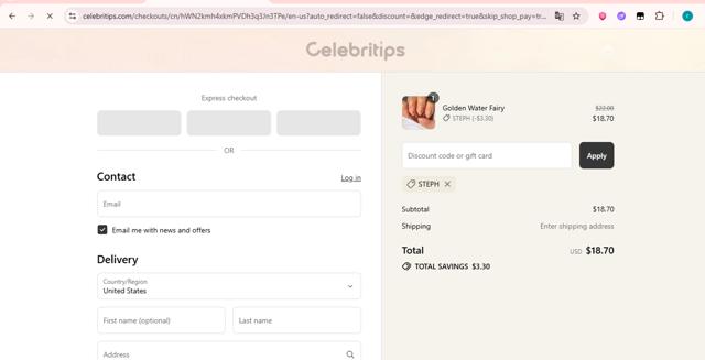 Celebritips checkout page showing Celebritips promo code box | Screenshot taken by SimplyCodes community member on Sep 8, 2025