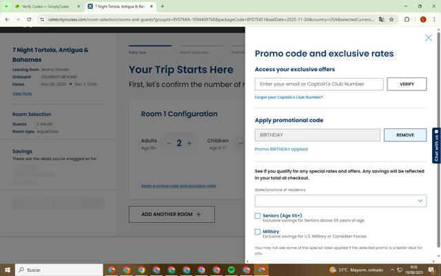 Celebrity X Cruises checkout page showing Celebrity X Cruises promo code box | Screenshot taken by SimplyCodes community member on Aug 19, 2025