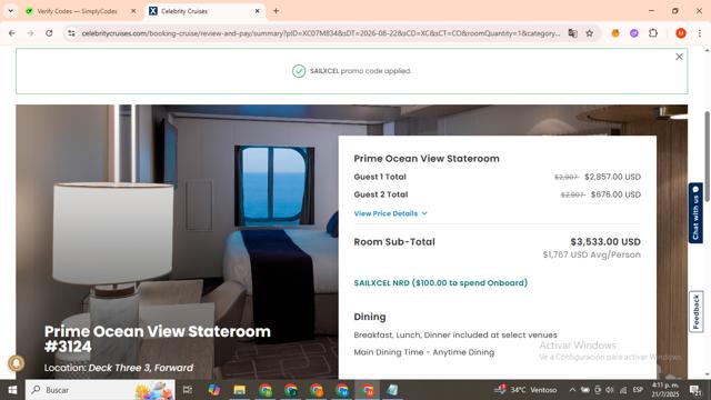 Celebrity X Cruises checkout page showing Celebrity X Cruises promo code box | Screenshot taken by SimplyCodes community member on Jul 21, 2025