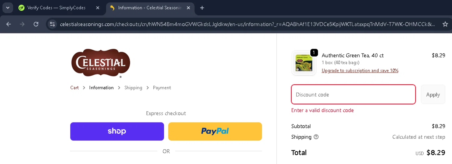 Celestial Seasonings promo code screenshot showing code SAVEMORE applied at Celestial Seasonings checkout page. Uploaded by SimplyCodes community member Mykeanderon on Nov 8, 2025