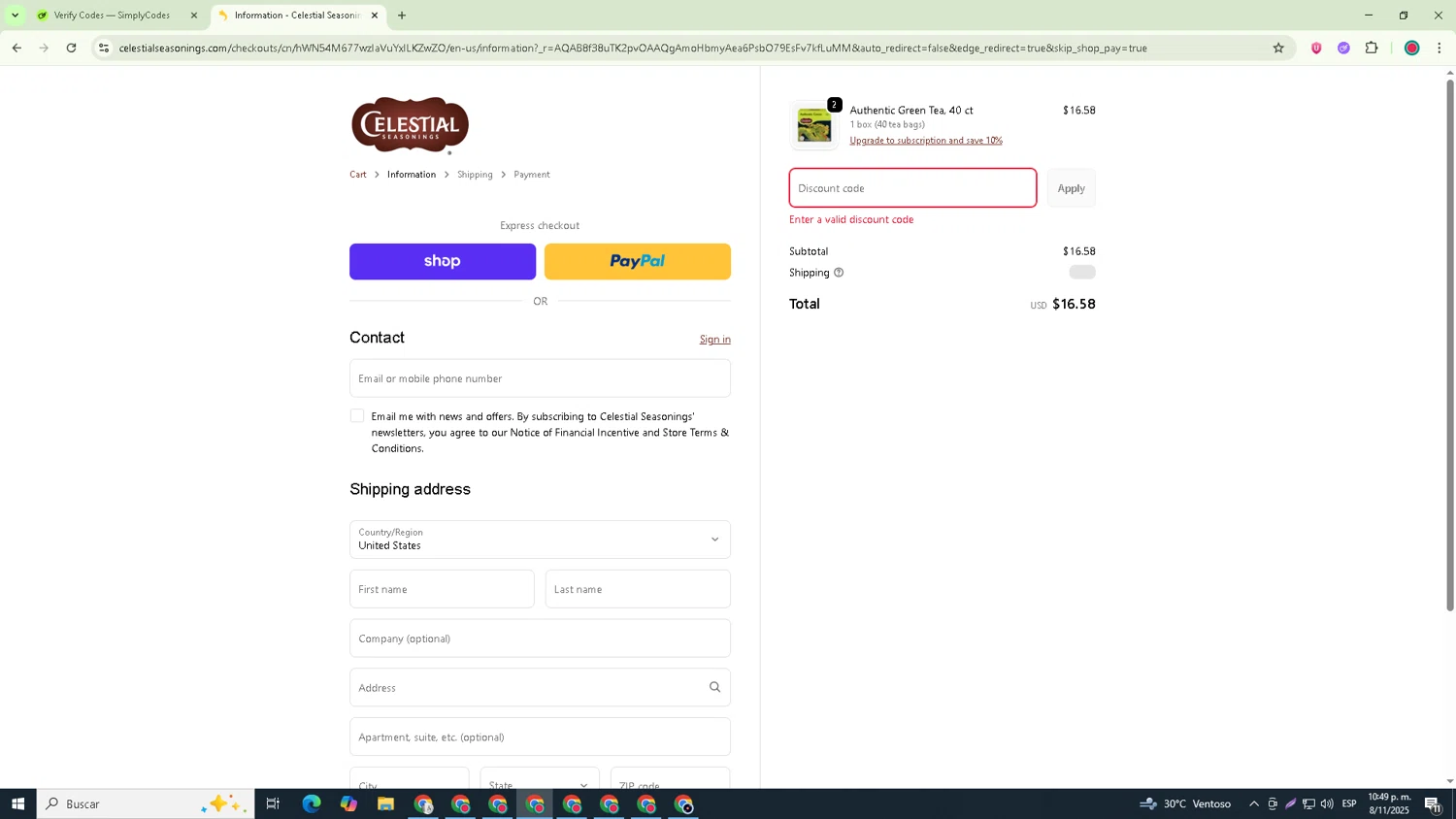 Celestial Seasonings promo code screenshot showing code SAVEMORE applied at Celestial Seasonings checkout page. Uploaded by SimplyCodes community member Robert_Williams on Nov 8, 2025