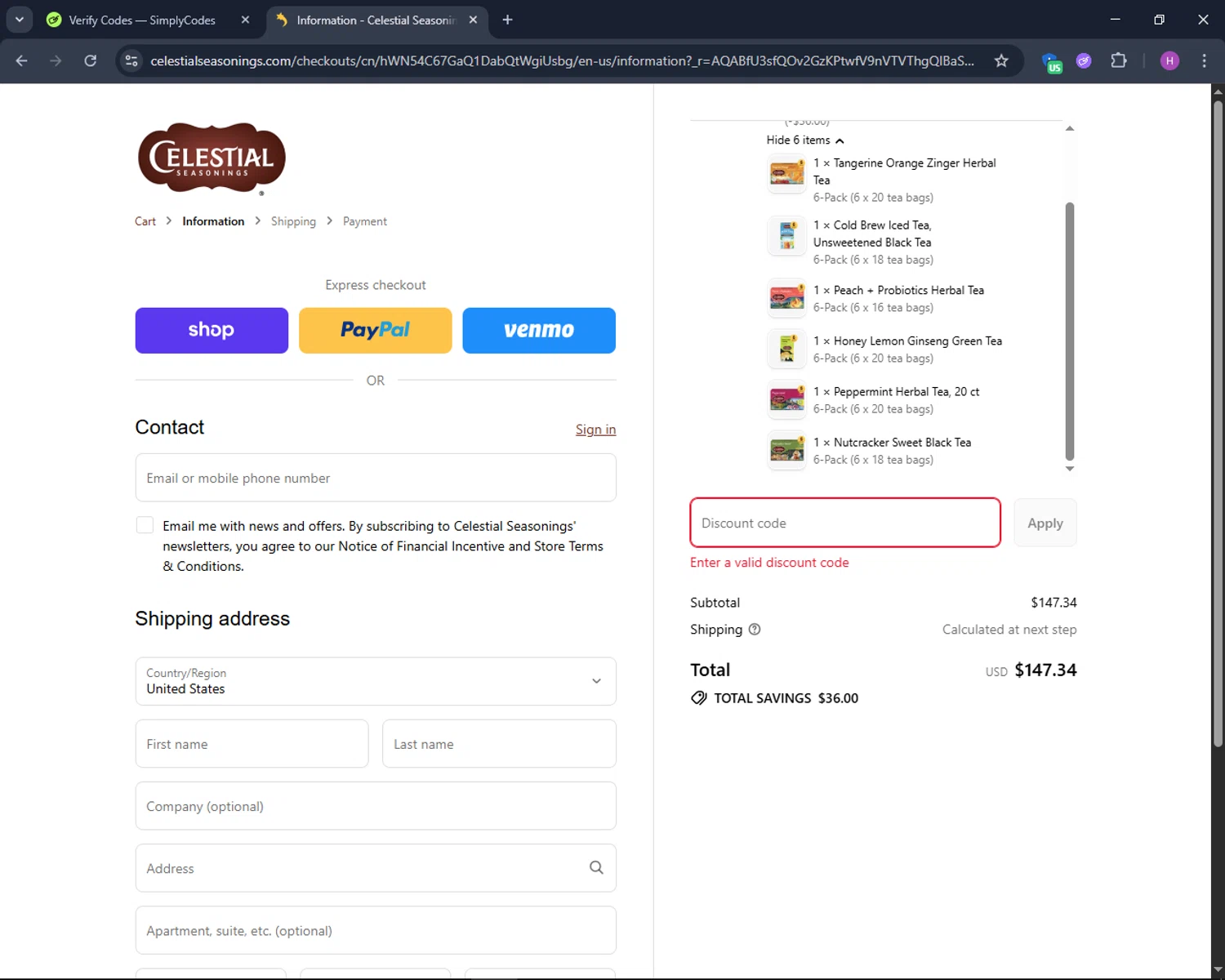 Celestial Seasonings promo code screenshot showing code SAVEMORE applied at Celestial Seasonings checkout page. Uploaded by SimplyCodes community member TokenNavigator6891 on Nov 8, 2025