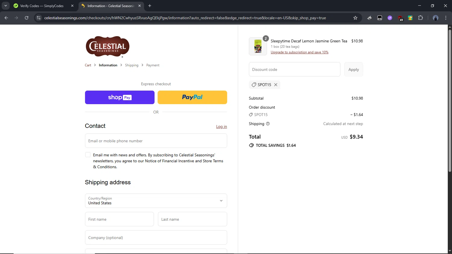 Celestial Seasonings promo code screenshot showing code SPOT15 applied at Celestial Seasonings checkout page. Uploaded by SimplyCodes community member Time_sin_filtro on Aug 25, 2025