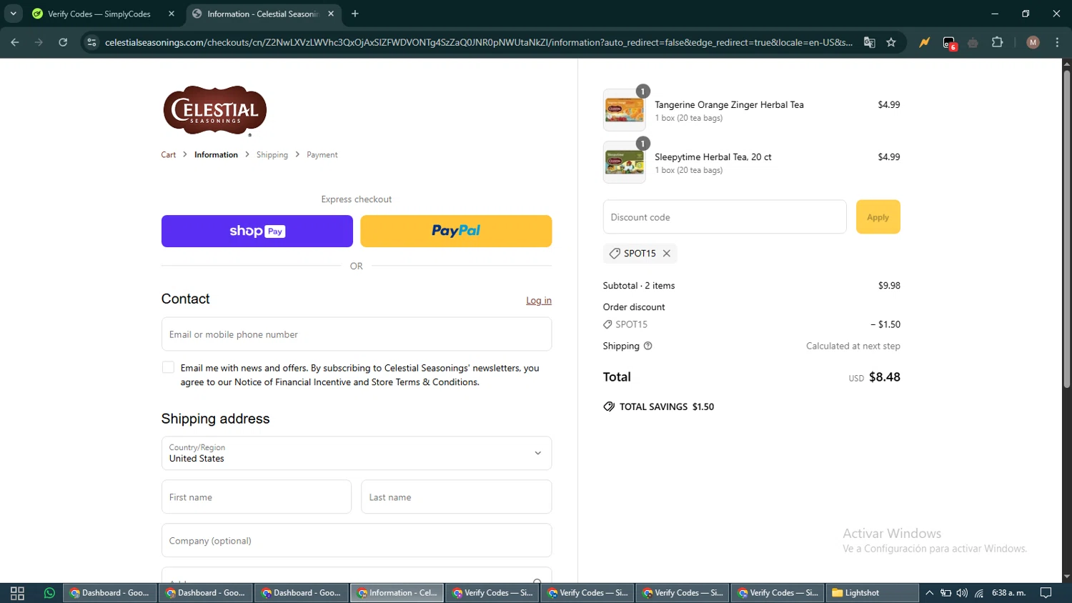 Celestial Seasonings promo code screenshot showing code SPOT15 applied at Celestial Seasonings checkout page. Uploaded by SimplyCodes community member DiscountTitan4635 on May 17, 2025