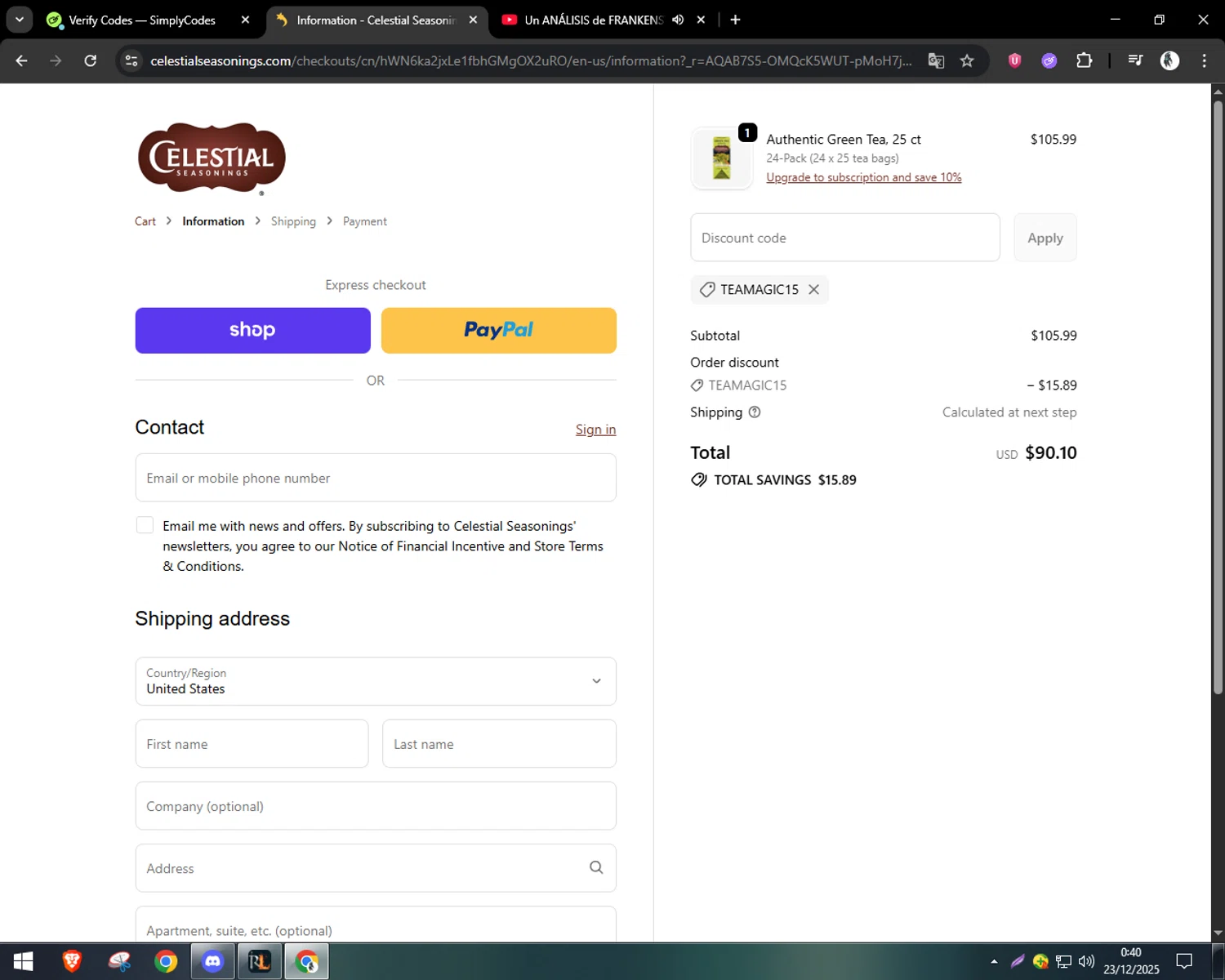 Celestial Seasonings promo code screenshot showing code TEAMAGIC15 applied at Celestial Seasonings checkout page. Uploaded by SimplyCodes community member CleverSentinel9441 on Dec 23, 2025