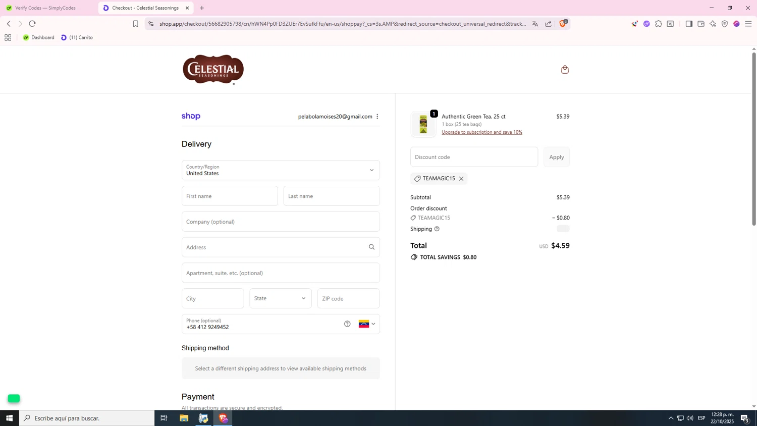 Celestial Seasonings promo code screenshot showing code TEAMAGIC15 applied at Celestial Seasonings checkout page. Uploaded by SimplyCodes community member MRSATAN on Oct 22, 2025