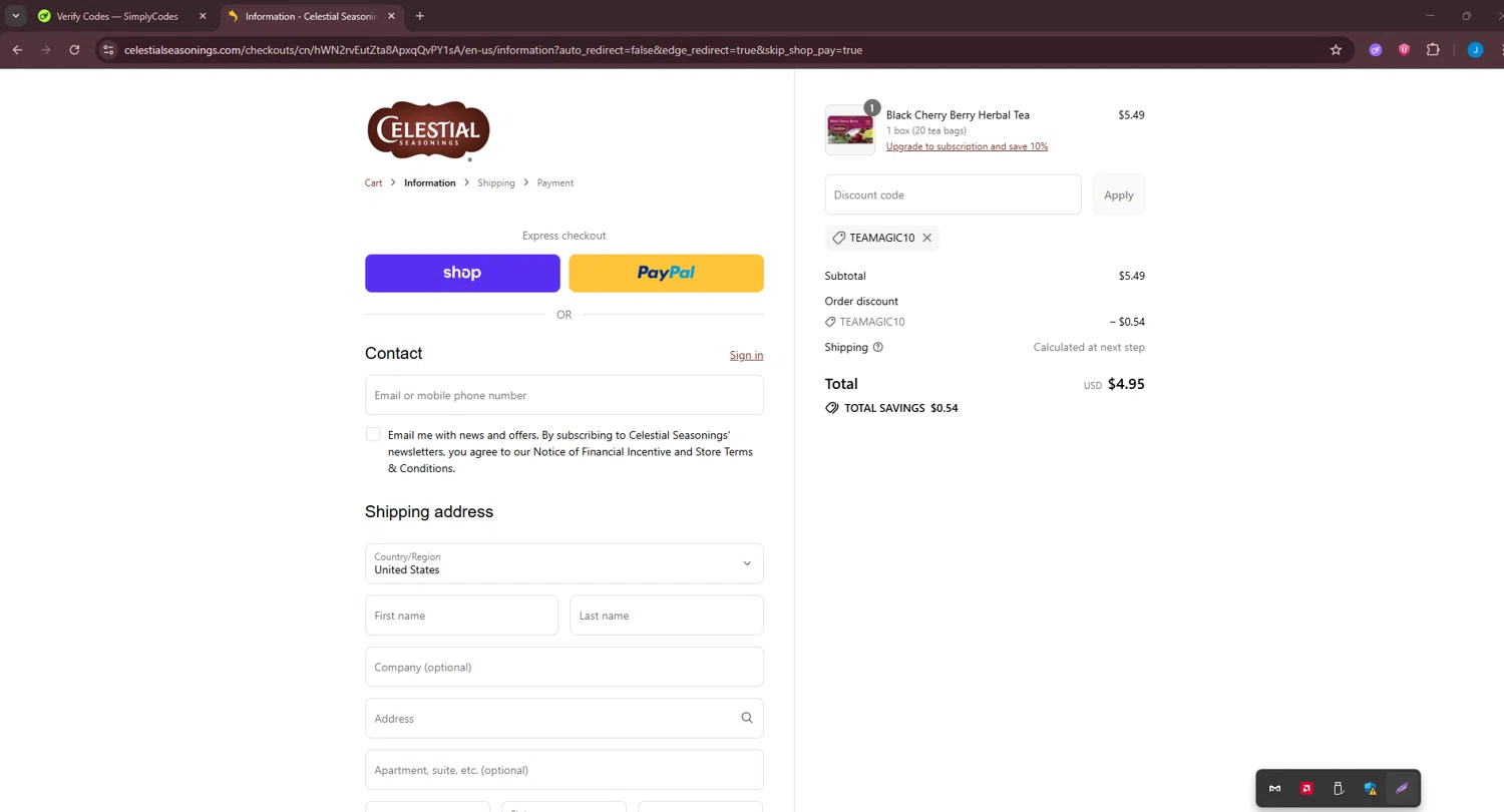 Celestial Seasonings promo code screenshot showing code TEAMAGIC10 applied at Celestial Seasonings checkout page. Uploaded by SimplyCodes community member BargainGuardian280 on Sep 11, 2025