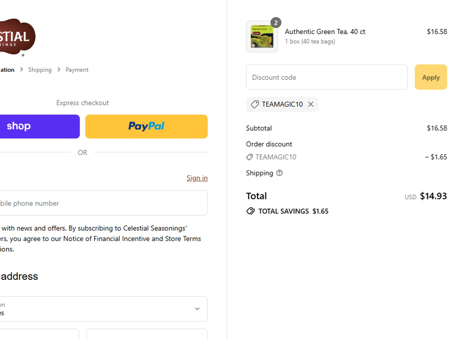 Celestial Seasonings promo code screenshot showing code TEAMAGIC10 applied at Celestial Seasonings checkout page. Uploaded by SimplyCodes community member ITSO1676764508225 on Sep 11, 2025
