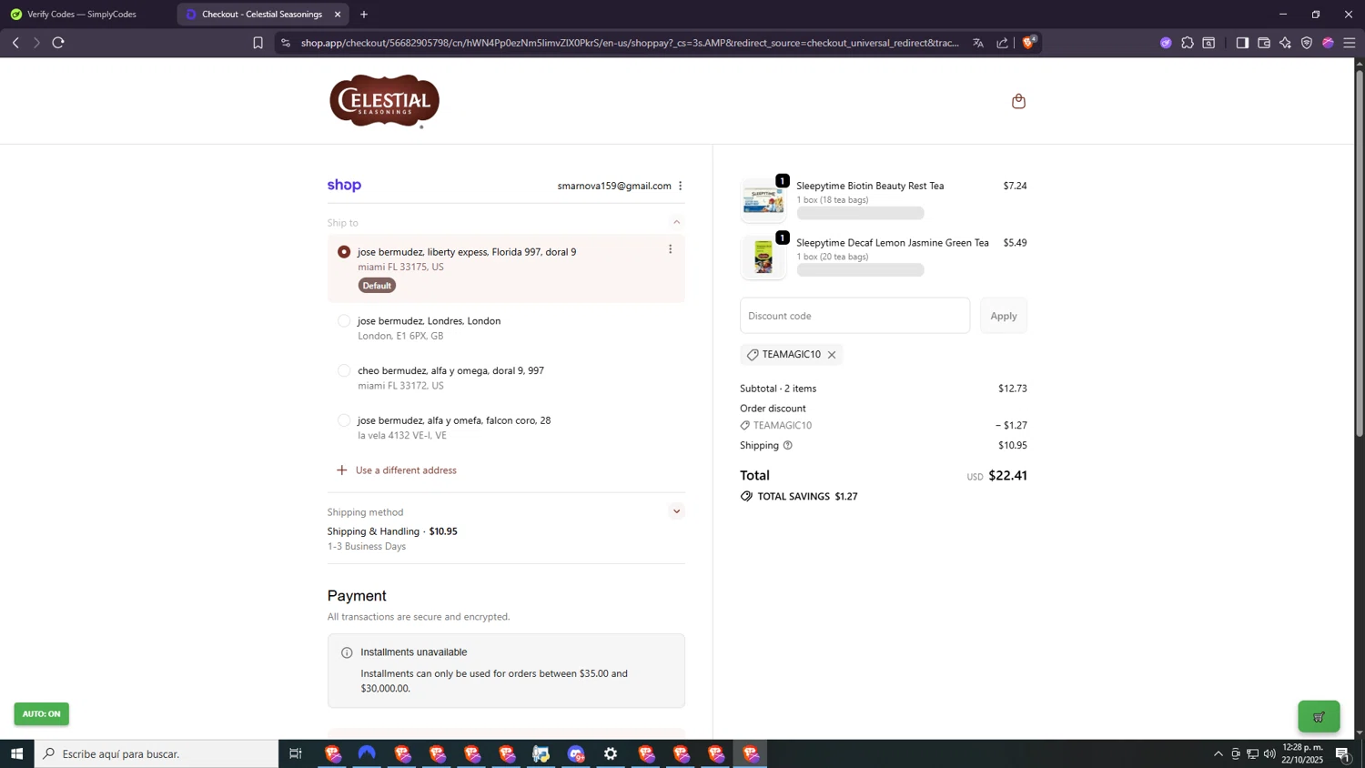 Celestial Seasonings promo code screenshot showing code TEAMAGIC10 applied at Celestial Seasonings checkout page. Uploaded by SimplyCodes community member nabucodonosor on Oct 22, 2025