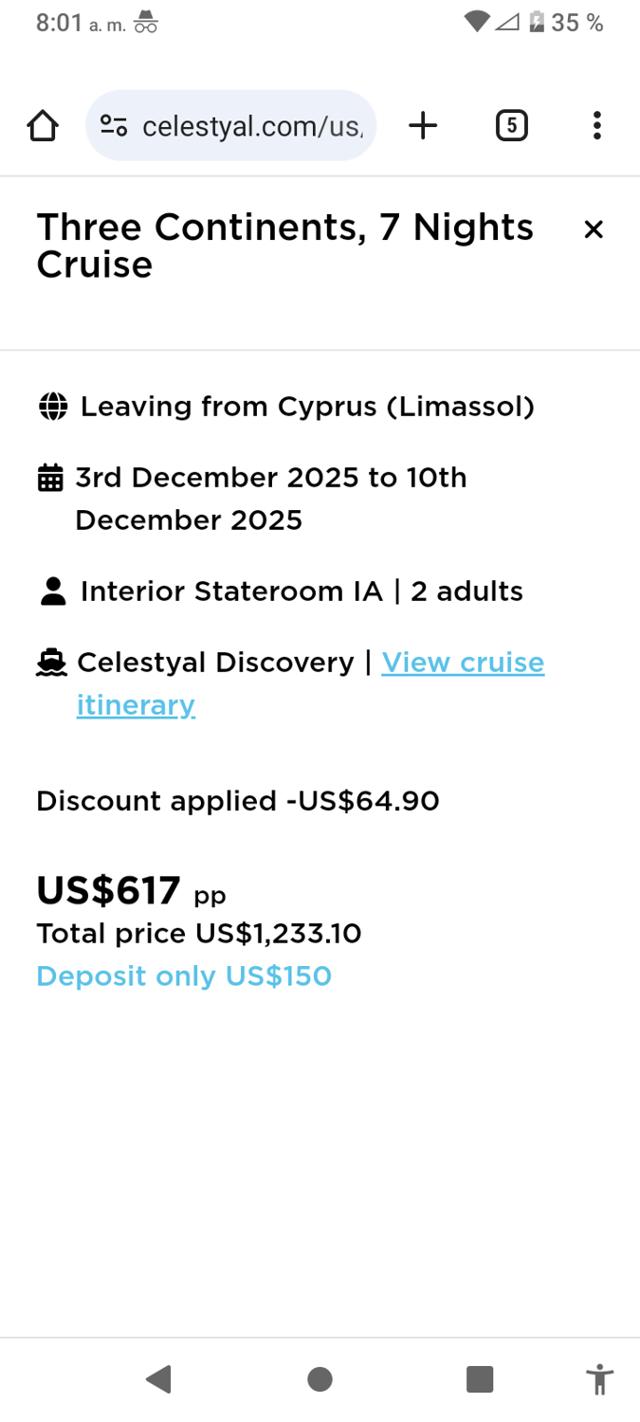 Celestyal Cruises checkout page showing Celestyal Cruises promo code box | Screenshot taken by SimplyCodes community member on Apr 8, 2024