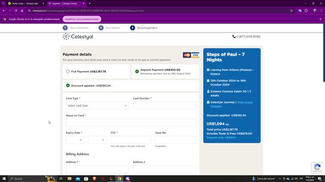 Celestyal Cruises checkout page showing Celestyal Cruises promo code box | Screenshot taken by SimplyCodes community member on Aug 4, 2024