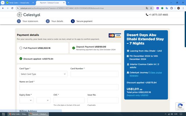 Celestyal Cruises checkout page showing Celestyal Cruises promo code box | Screenshot taken by SimplyCodes community member on May 9, 2024