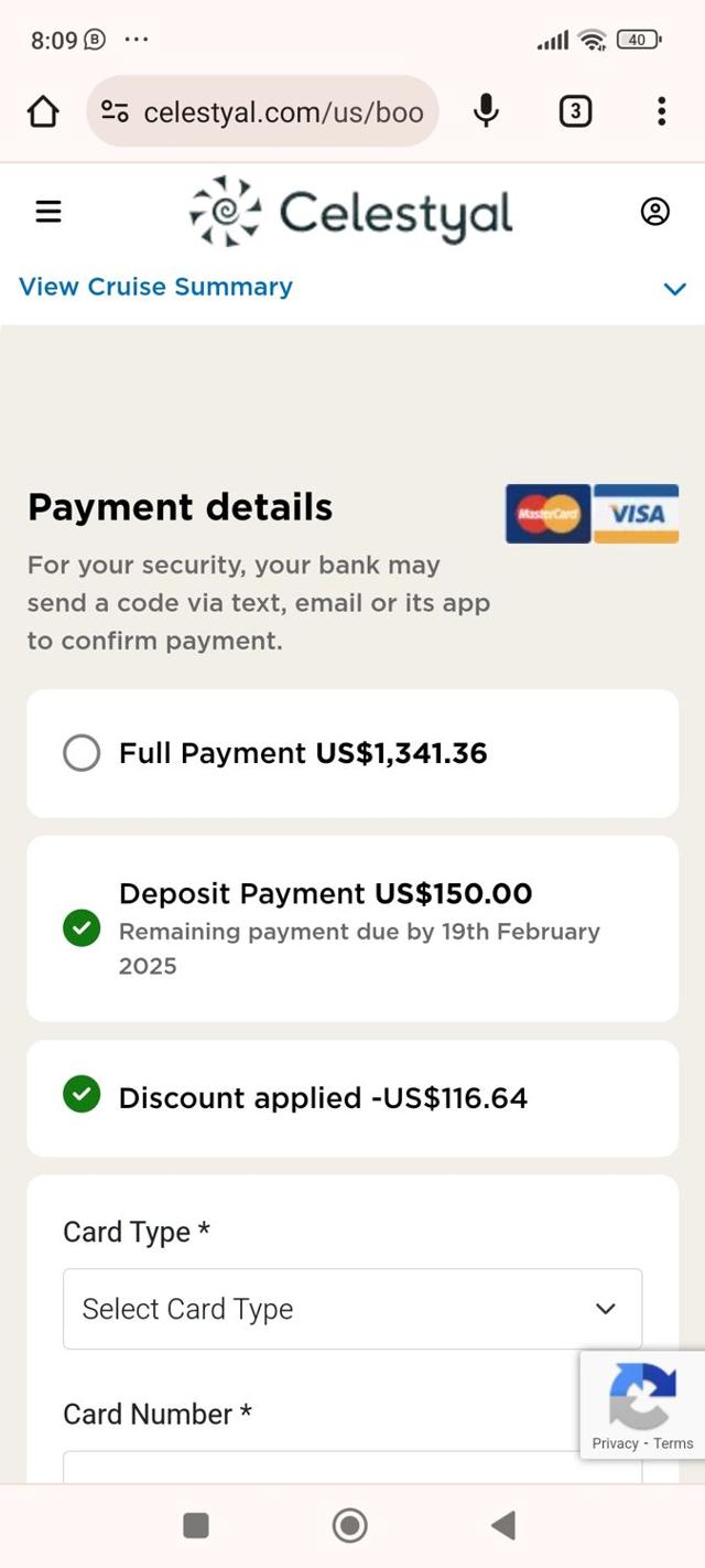 Celestyal Cruises checkout page showing Celestyal Cruises promo code box | Screenshot taken by SimplyCodes community member on Jun 7, 2024