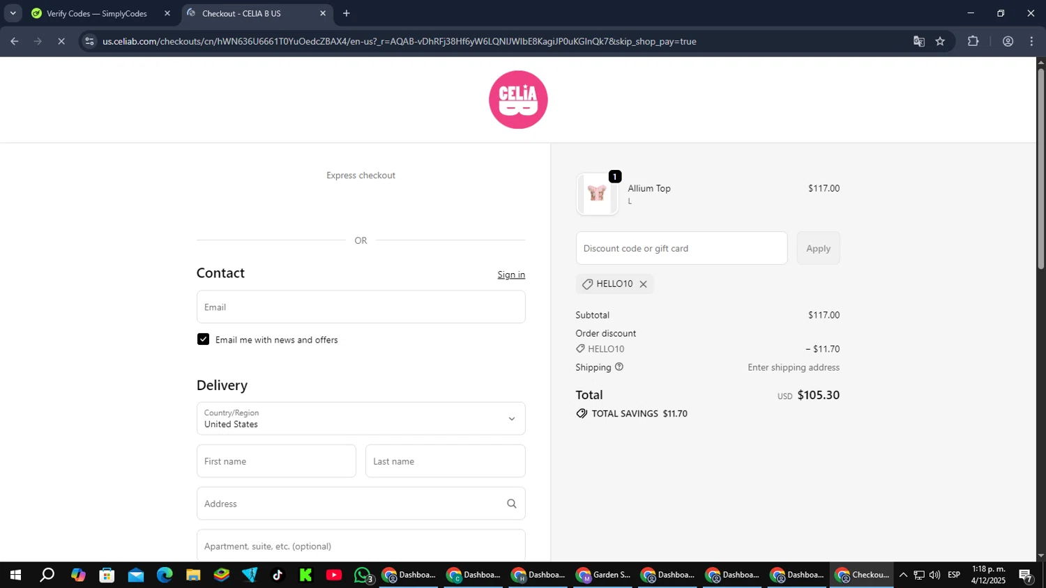 Celia B promo code screenshot showing code HELLO10 applied at Celia B checkout page. Uploaded by SimplyCodes community member Cynoxx on Dec 4, 2025