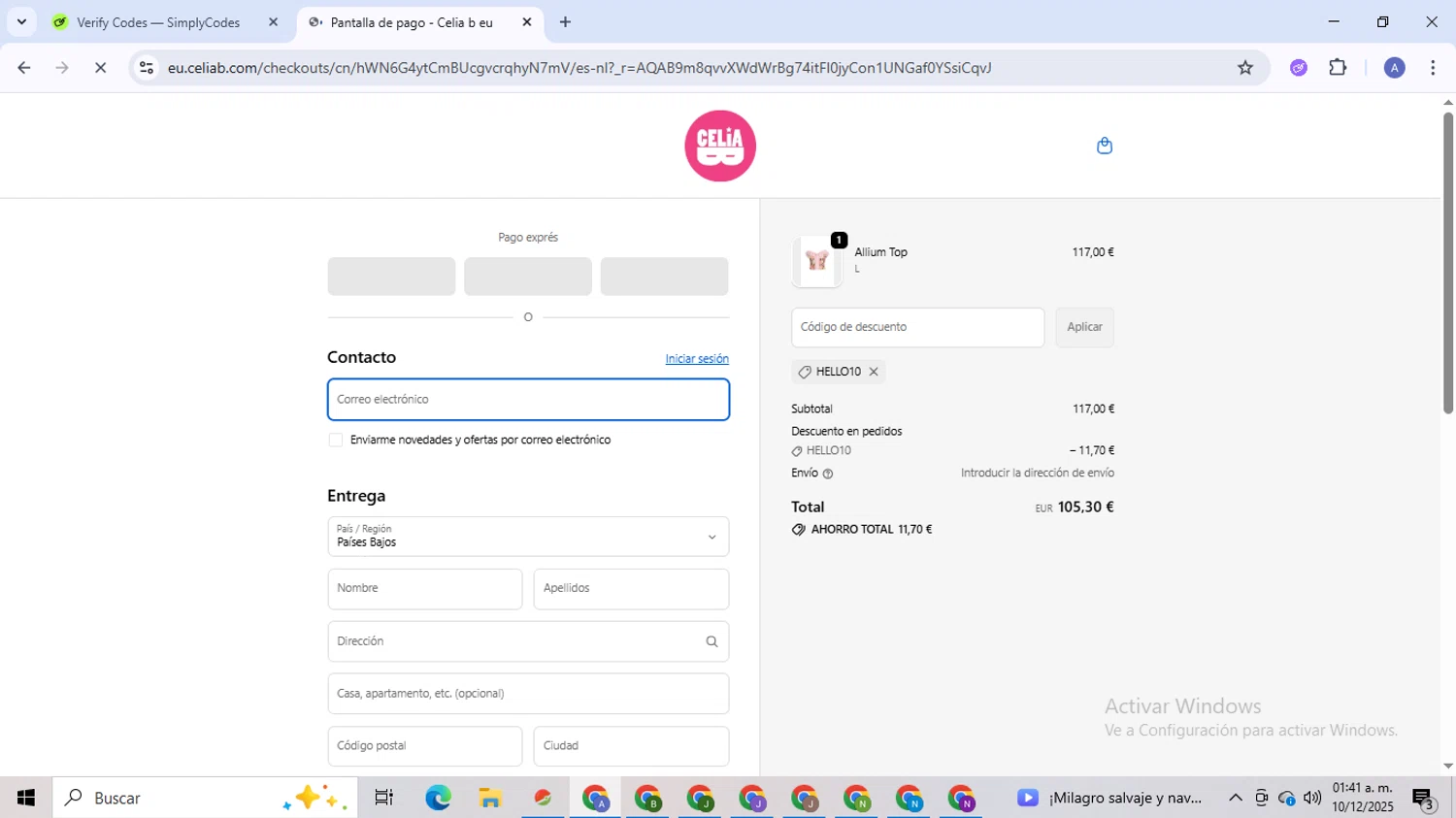 Celia B promo code screenshot showing code HELLO10 applied at Celia B checkout page. Uploaded by SimplyCodes community member TreasureCaptain5531 on Dec 10, 2025