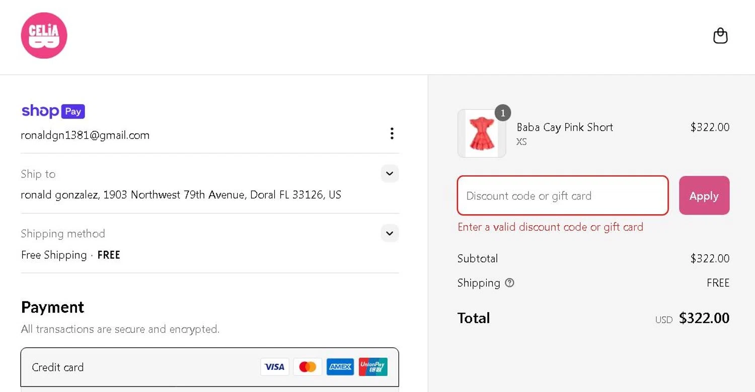 Celia B promo code screenshot showing code Cb400k applied at Celia B checkout page. Uploaded by SimplyCodes community member Gonzalez010203 on Apr 18, 2025