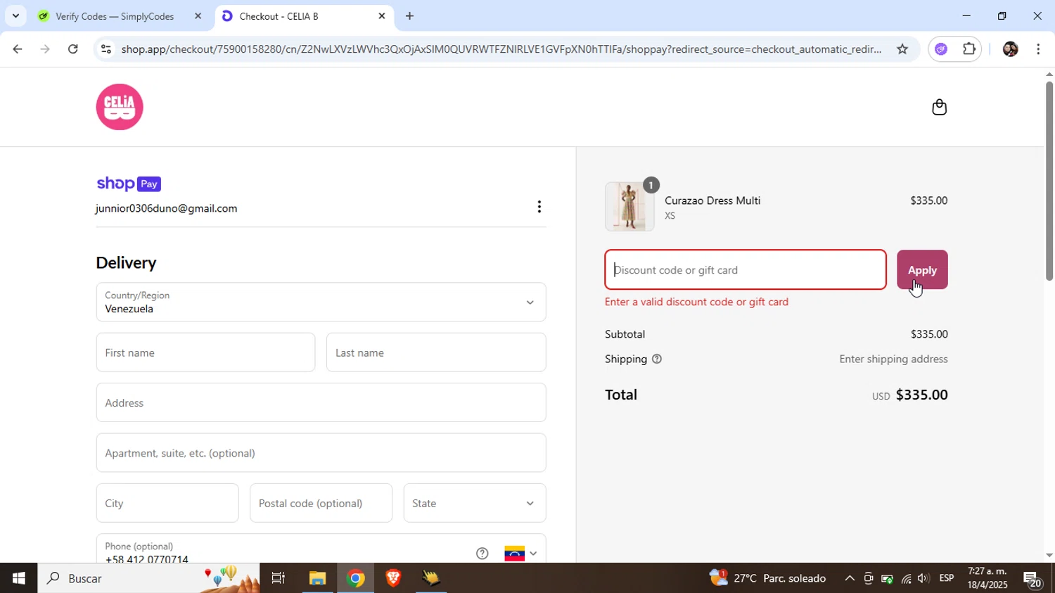 Celia B promo code screenshot showing code Cb400k applied at Celia B checkout page. Uploaded by SimplyCodes community member Junniorduno on Apr 18, 2025