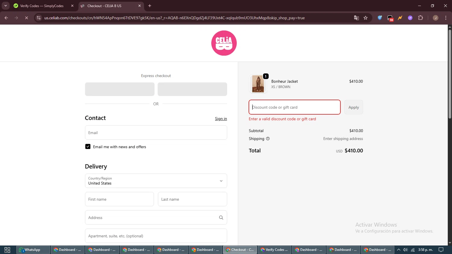 Celia B promo code screenshot showing code CBTREAT20 applied at Celia B checkout page. Uploaded by SimplyCodes community member ShrewdAdmiral5920 on Nov 8, 2025