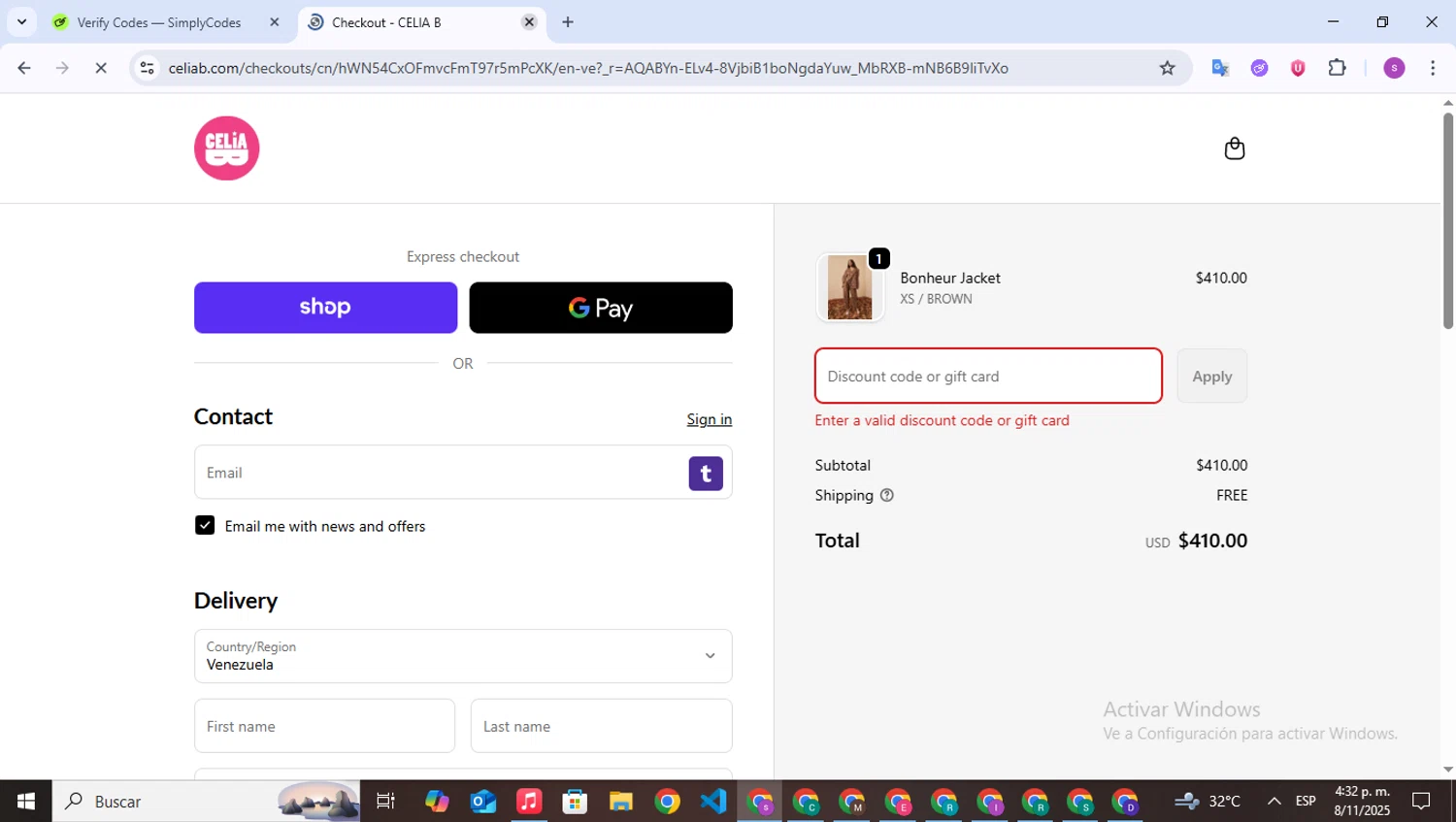 Celia B promo code screenshot showing code CBTREAT20 applied at Celia B checkout page. Uploaded by SimplyCodes community member WonderPioneer5062 on Nov 8, 2025
