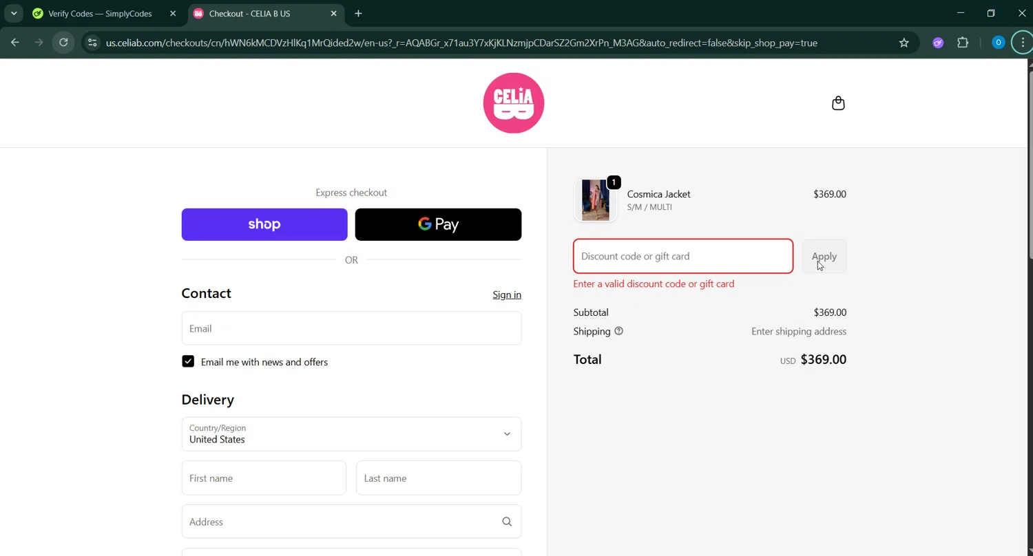 Celia B promo code screenshot showing code HOLIDAYGLAM20 applied at Celia B checkout page. Uploaded by SimplyCodes community member GoldAdmiral5202 on Dec 23, 2025