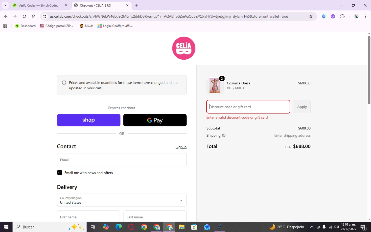 Celia B promo code screenshot showing code HOLIDAYGLAM20 applied at Celia B checkout page. Uploaded by SimplyCodes community member Zenitsu2002 on Dec 23, 2025
