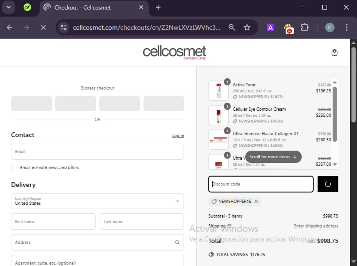 Cellcosmet coupon code screenshot showing code newshopper15 applied at Cellcosmet checkout page. Uploaded by SimplyCodes community member LuckyExpert7689 on Apr 18, 2025