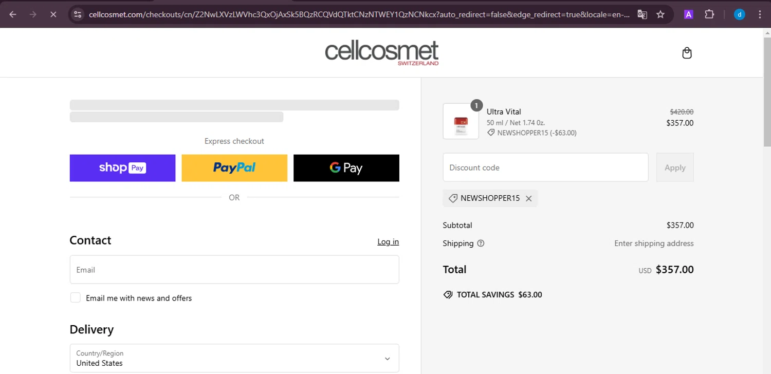 Cellcosmet coupon code screenshot showing code newshopper15 applied at Cellcosmet checkout page. Uploaded by SimplyCodes community member ShieldKnight4744 on Mar 2, 2025