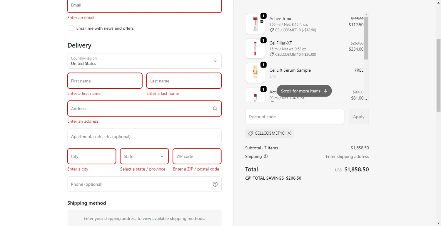 Cellcosmet coupon code screenshot showing code CELLCOSMET10 applied at Cellcosmet checkout page. Uploaded by SimplyCodes community member RewardLion6202 on Oct 23, 2025